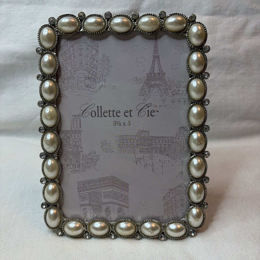 Vintage Silver Toned Faux Pearls Ivory Jewels Metal Picture Frame 3.5” x 5”